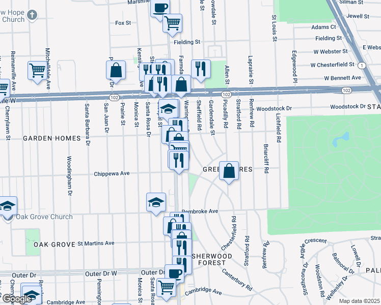 map of restaurants, bars, coffee shops, grocery stores, and more near 20200 Warrington Drive in Detroit