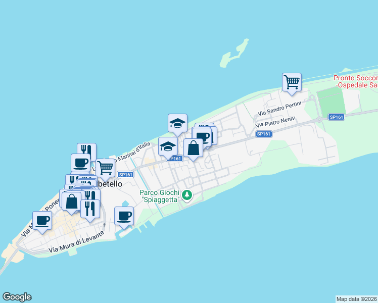 map of restaurants, bars, coffee shops, grocery stores, and more near 35 Via Donatori del Sangue in Orbetello