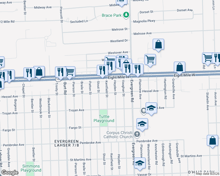 map of restaurants, bars, coffee shops, grocery stores, and more near 20530 Kentfield St in Detroit