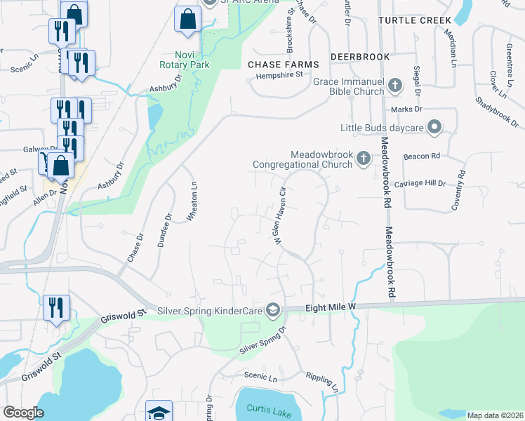 map of restaurants, bars, coffee shops, grocery stores, and more near 42158 Roscommon Street in Northville
