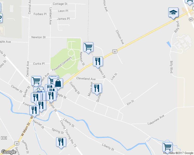 map of restaurants, bars, coffee shops, grocery stores, and more near 70 Cleveland Ave in Fredonia