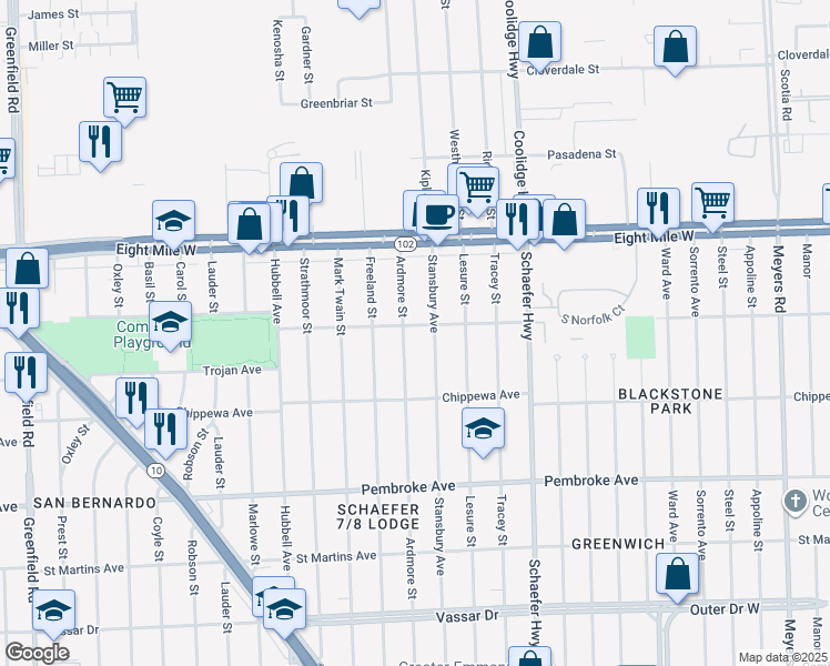 map of restaurants, bars, coffee shops, grocery stores, and more near 20230 Ardmore St in Detroit