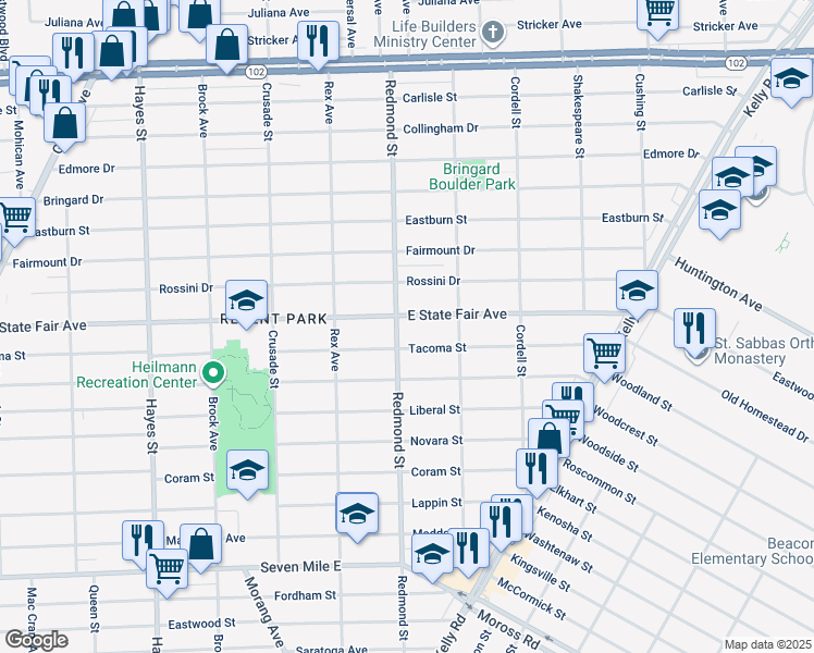 map of restaurants, bars, coffee shops, grocery stores, and more near 15910 East State Fair Avenue in Detroit