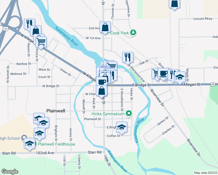 map of restaurants, bars, coffee shops, grocery stores, and more near 126 East Bridge Street in Plainwell