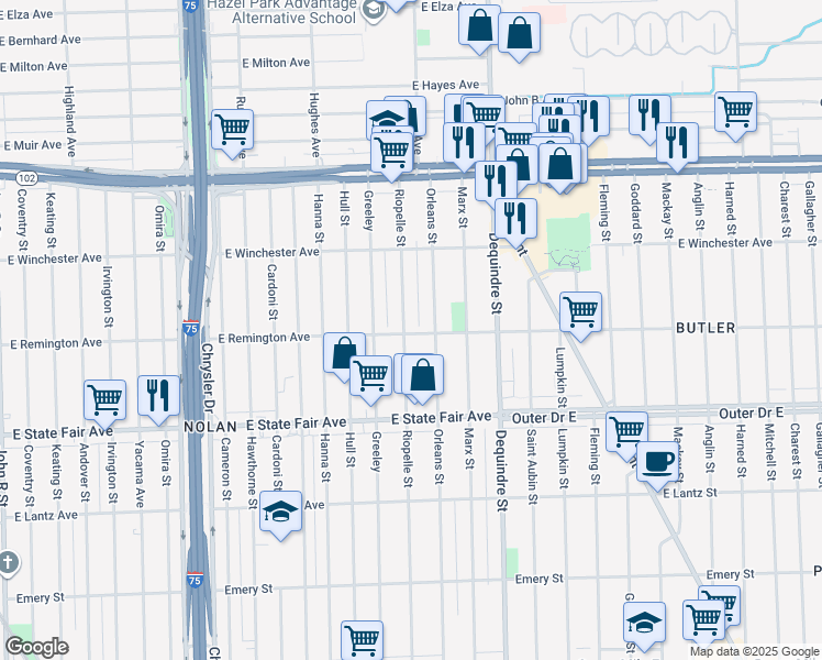 map of restaurants, bars, coffee shops, grocery stores, and more near 20100 Riopelle Street in Highland Park
