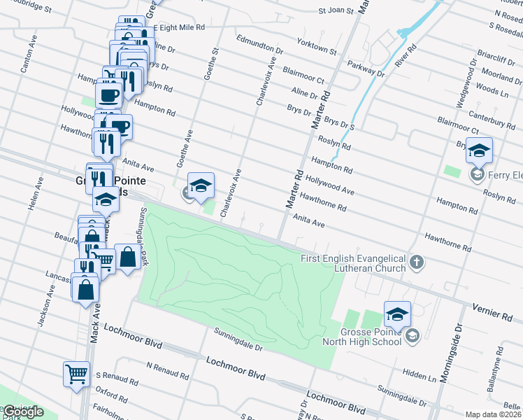 map of restaurants, bars, coffee shops, grocery stores, and more near 1367 Anita Avenue in Grosse Pointe Woods