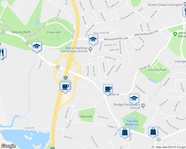 map of restaurants, bars, coffee shops, grocery stores, and more near 8 Ellison Road in Lexington