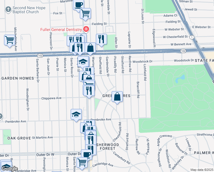 map of restaurants, bars, coffee shops, grocery stores, and more near 20128 Sheffield Road in Detroit