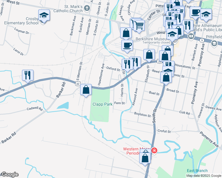 map of restaurants, bars, coffee shops, grocery stores, and more near 179 West Housatonic Street in Pittsfield