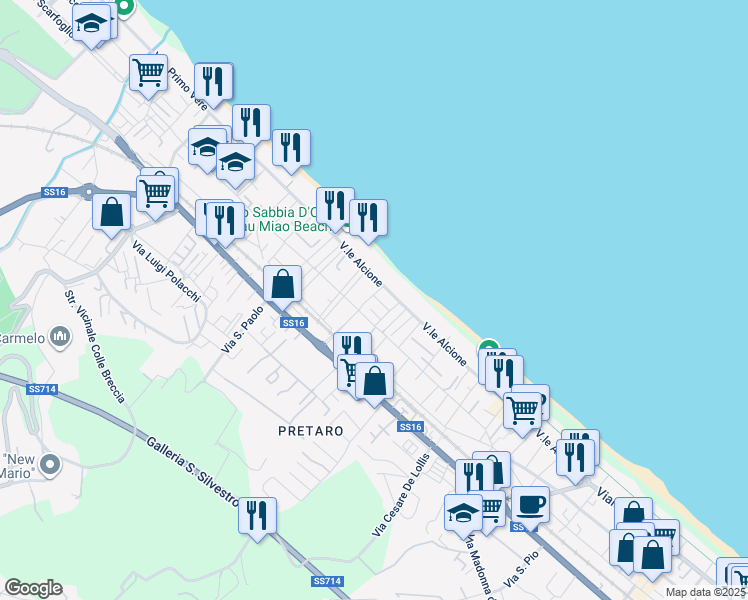 map of restaurants, bars, coffee shops, grocery stores, and more near 212 Via Tirino in Francavilla al Mare
