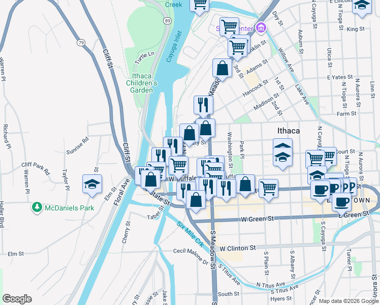 map of restaurants, bars, coffee shops, grocery stores, and more near 722-28 West Court Street in Ithaca