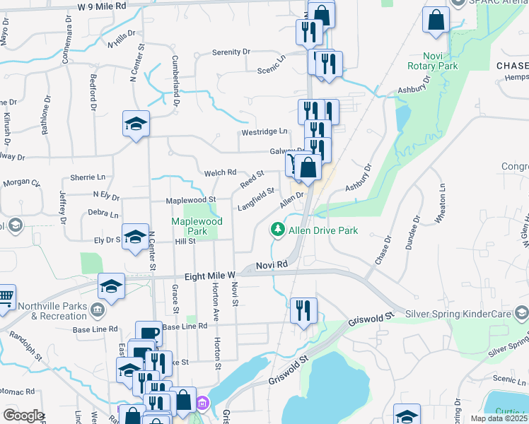 map of restaurants, bars, coffee shops, grocery stores, and more near 1027 Allen Drive in Northville