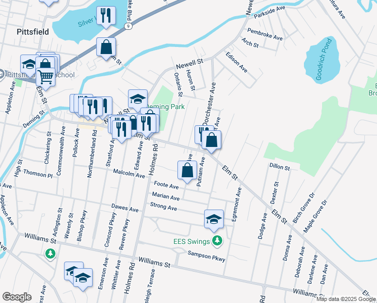 map of restaurants, bars, coffee shops, grocery stores, and more near 290 Elm Street in Pittsfield