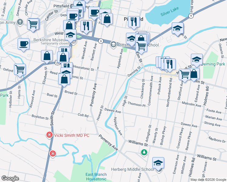 map of restaurants, bars, coffee shops, grocery stores, and more near 135 Appleton Avenue in Pittsfield