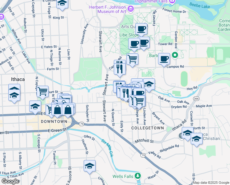 map of restaurants, bars, coffee shops, grocery stores, and more near in Ithaca
