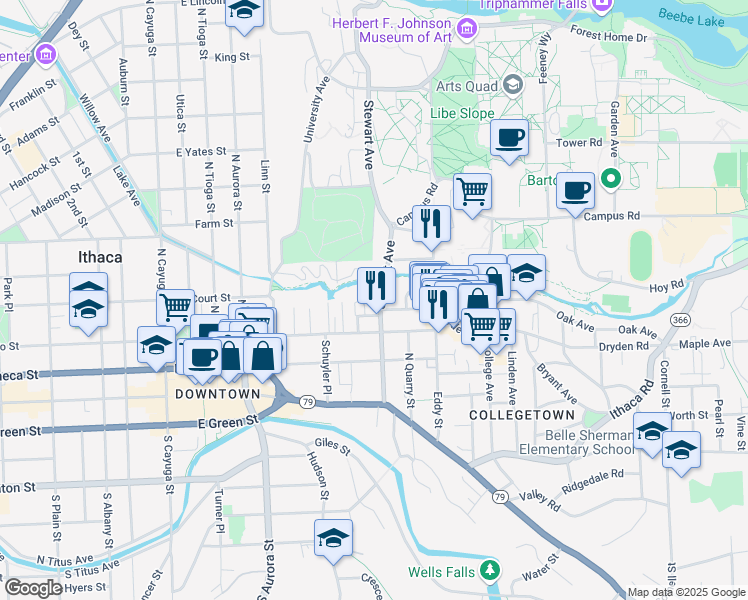 map of restaurants, bars, coffee shops, grocery stores, and more near in Ithaca