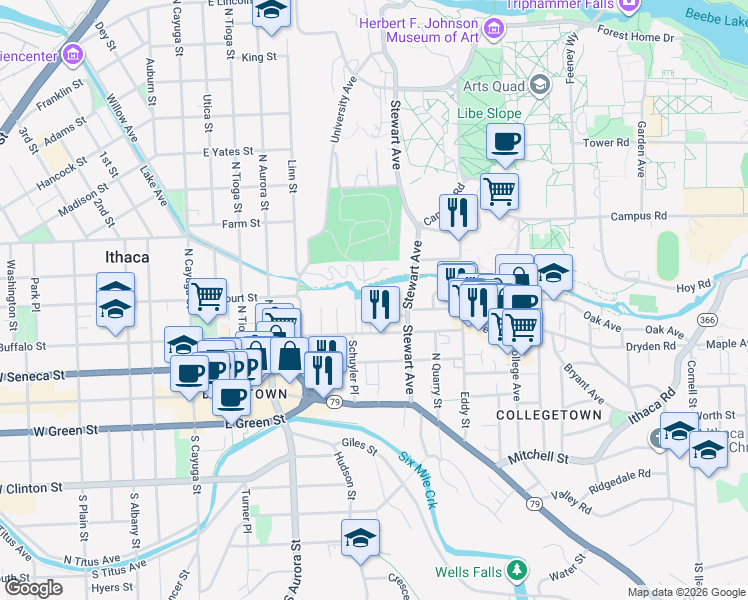 map of restaurants, bars, coffee shops, grocery stores, and more near 509-13 Edgewood Place in Ithaca
