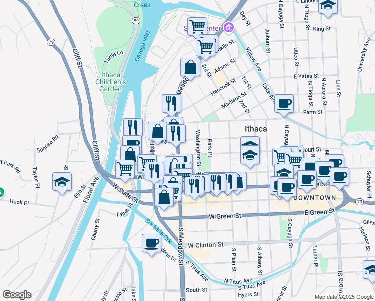 map of restaurants, bars, coffee shops, grocery stores, and more near 610 West Court Street in Ithaca