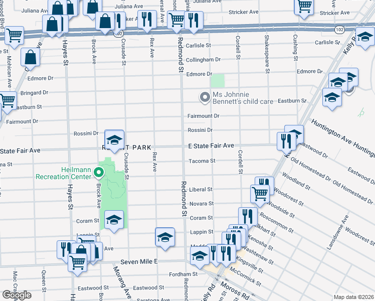 map of restaurants, bars, coffee shops, grocery stores, and more near 15910 East State Fair Avenue in Detroit