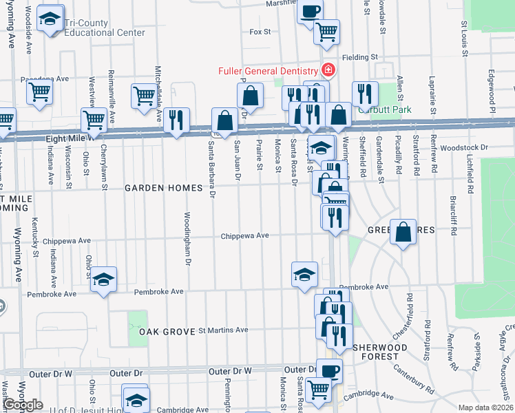 map of restaurants, bars, coffee shops, grocery stores, and more near 20185 Prairie Street in Detroit