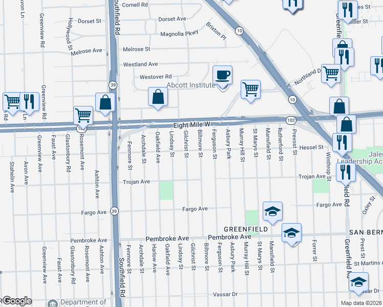 map of restaurants, bars, coffee shops, grocery stores, and more near 20309 Gilchrist Street in Detroit