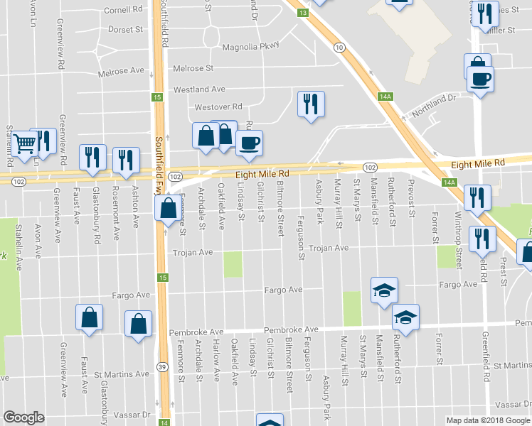 map of restaurants, bars, coffee shops, grocery stores, and more near 20309 Gilchrist Street in Detroit