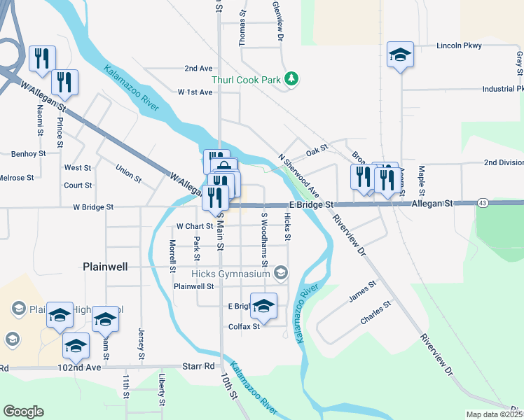 map of restaurants, bars, coffee shops, grocery stores, and more near 226 East Bridge Street in Plainwell
