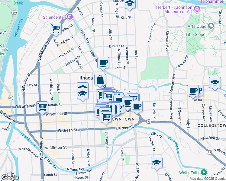 map of restaurants, bars, coffee shops, grocery stores, and more near 121 East Court Street in Ithaca