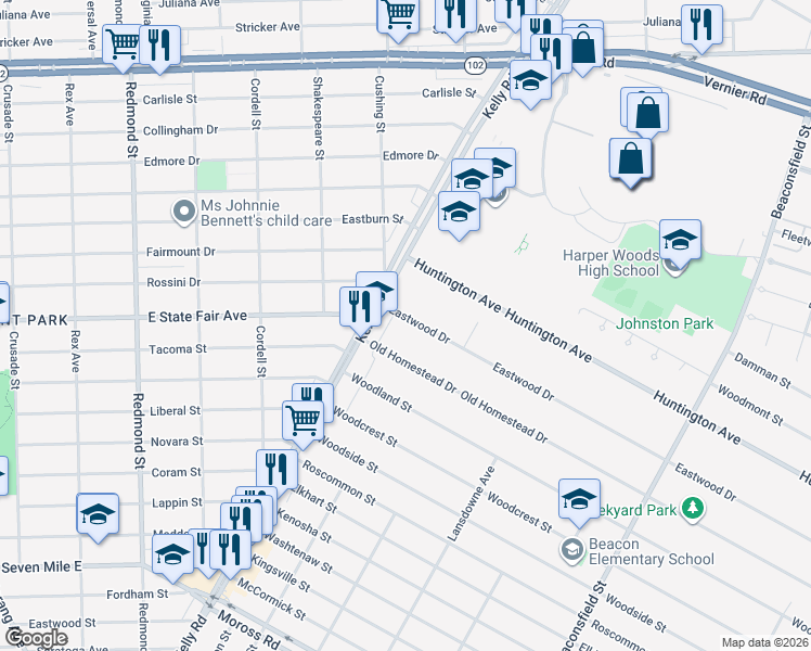 map of restaurants, bars, coffee shops, grocery stores, and more near 18566 Eastwood Drive in Harper Woods