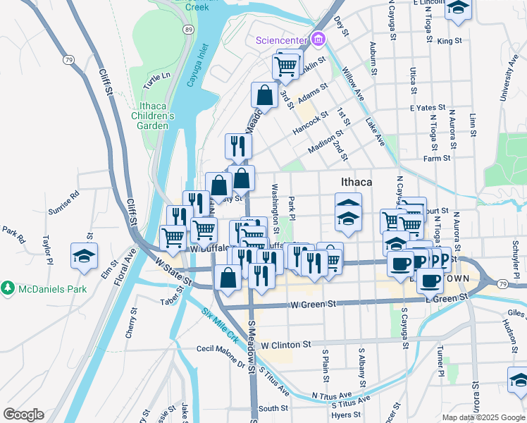 map of restaurants, bars, coffee shops, grocery stores, and more near 610 West Court Street in Ithaca