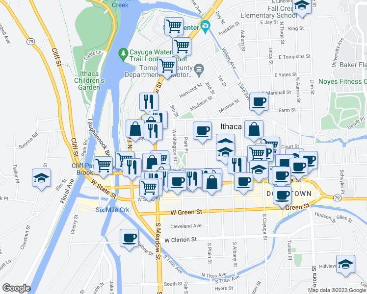 map of restaurants, bars, coffee shops, grocery stores, and more near 502 West Court Street in Ithaca