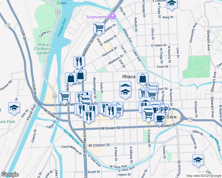 map of restaurants, bars, coffee shops, grocery stores, and more near 406 West Court Street in Ithaca