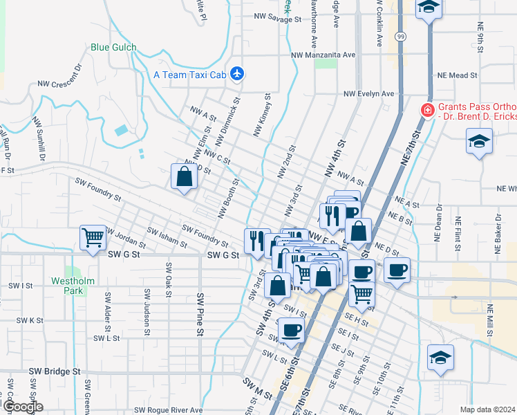 map of restaurants, bars, coffee shops, grocery stores, and more near 506 Northwest E Street in Grants Pass