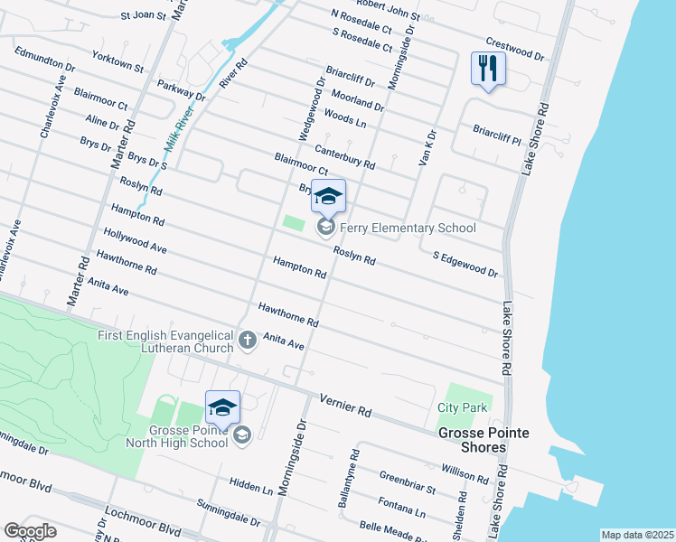 map of restaurants, bars, coffee shops, grocery stores, and more near 654 Hampton Road in Grosse Pointe Woods