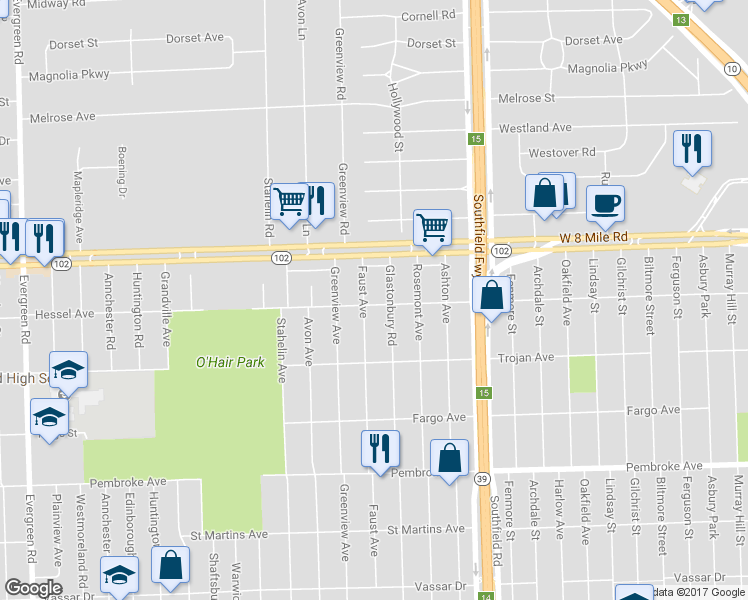map of restaurants, bars, coffee shops, grocery stores, and more near 20500 Faust Avenue in Detroit