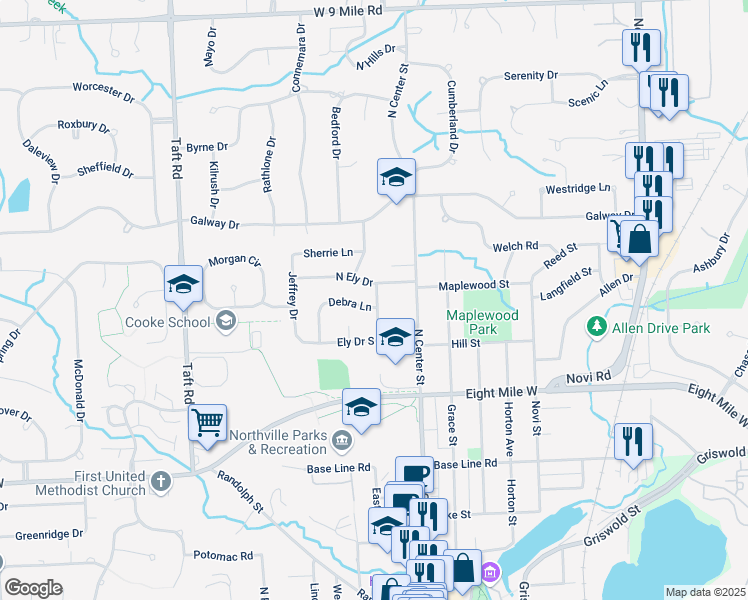 map of restaurants, bars, coffee shops, grocery stores, and more near 202 Debra Lane in Northville