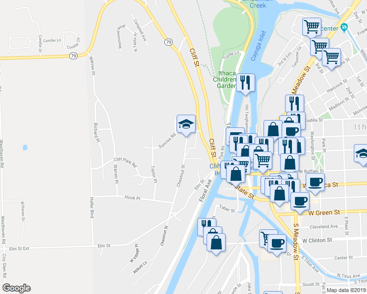map of restaurants, bars, coffee shops, grocery stores, and more near 126 Chestnut Street in Ithaca