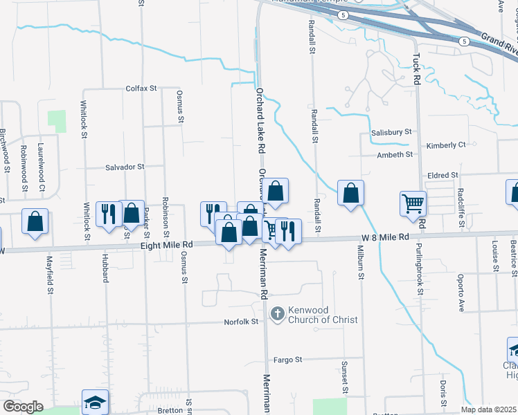 map of restaurants, bars, coffee shops, grocery stores, and more near 20785 Orchard Lake Road in Farmington Hills