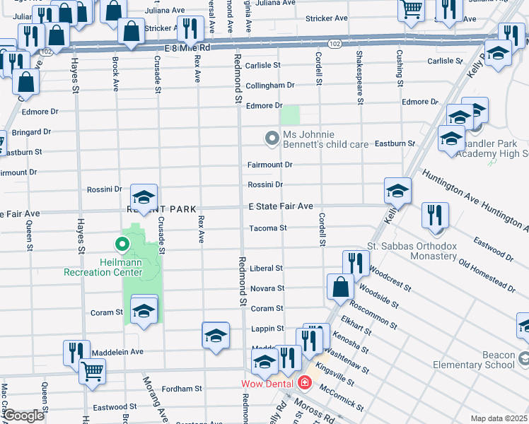 map of restaurants, bars, coffee shops, grocery stores, and more near 16060 East State Fair Avenue in Detroit