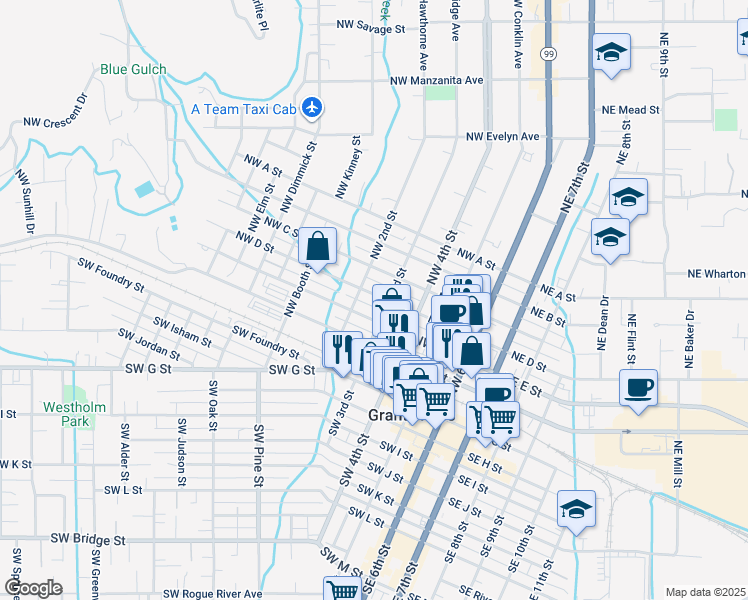 map of restaurants, bars, coffee shops, grocery stores, and more near 409 Northwest D Street in Grants Pass