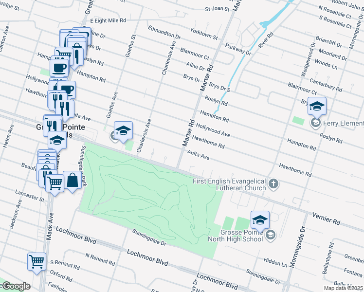map of restaurants, bars, coffee shops, grocery stores, and more near 1292 Anita Avenue in Grosse Pointe Woods