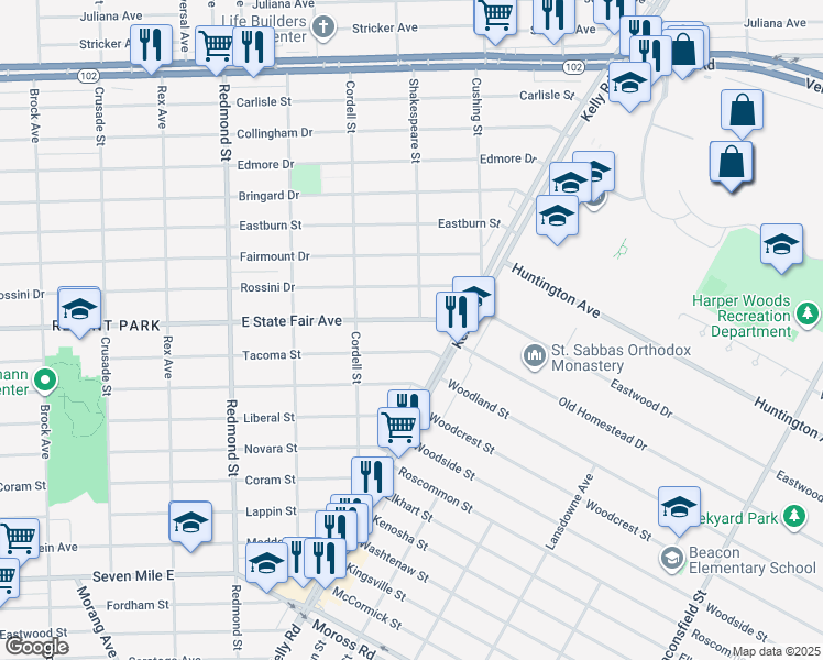 map of restaurants, bars, coffee shops, grocery stores, and more near 16534 East State Fair Avenue in Detroit