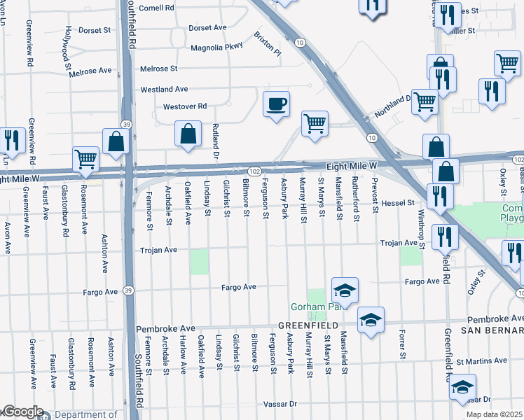 map of restaurants, bars, coffee shops, grocery stores, and more near 20300 Ferguson Street in Detroit
