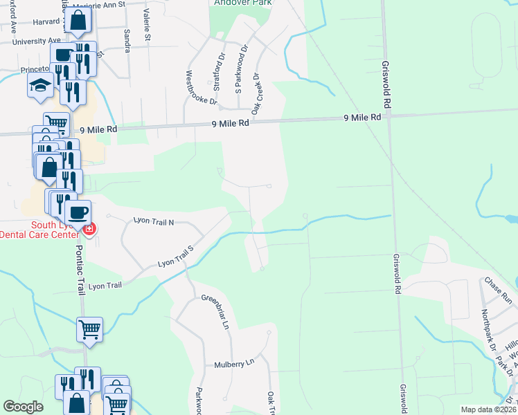 map of restaurants, bars, coffee shops, grocery stores, and more near 21586 Nathan Court in South Lyon