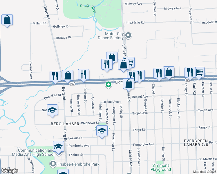 map of restaurants, bars, coffee shops, grocery stores, and more near 22311 Michigan 102 in Detroit