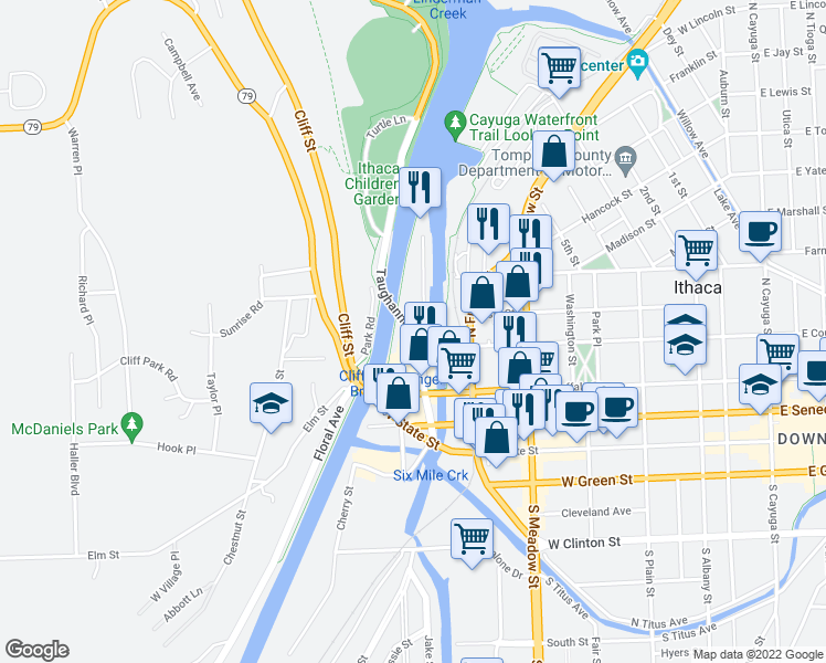 map of restaurants, bars, coffee shops, grocery stores, and more near 200 Old Taughannock Boulevard in Ithaca