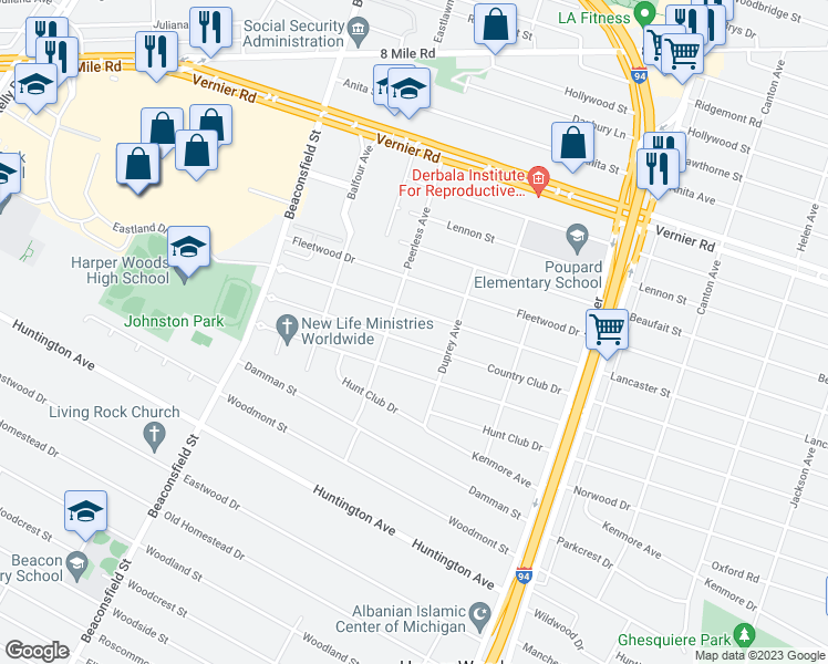map of restaurants, bars, coffee shops, grocery stores, and more near 20243 Country Club Drive in Harper Woods