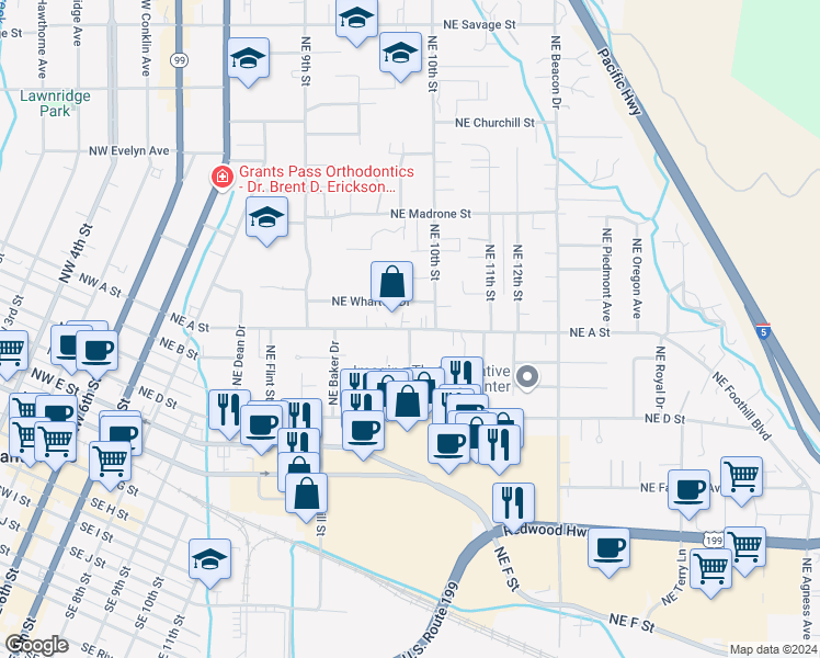 map of restaurants, bars, coffee shops, grocery stores, and more near 901 Northeast A Street in Grants Pass