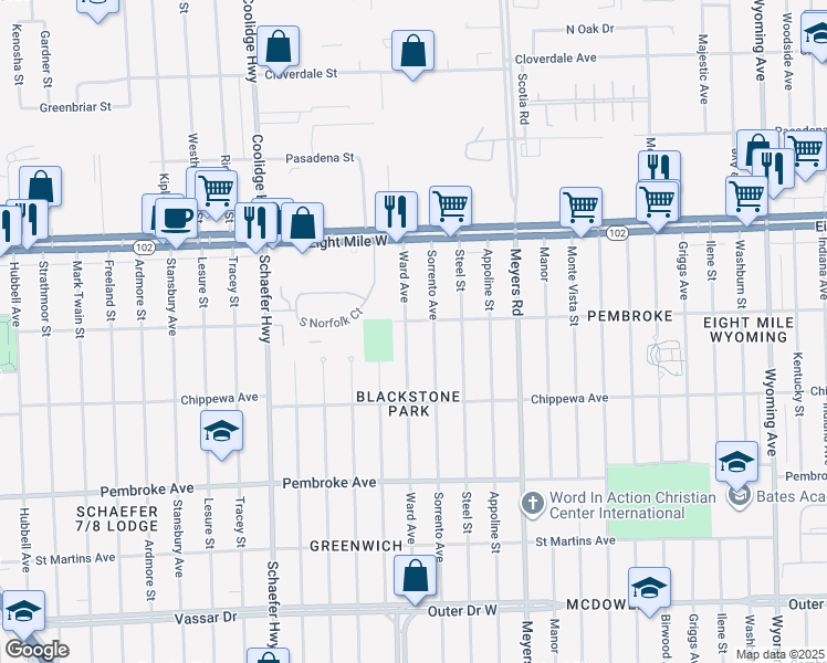 map of restaurants, bars, coffee shops, grocery stores, and more near 20224 Ward Avenue in Detroit