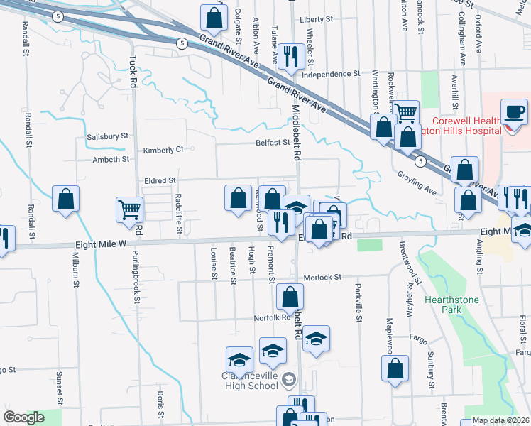 map of restaurants, bars, coffee shops, grocery stores, and more near 20862 Kenwood Street in Farmington Hills